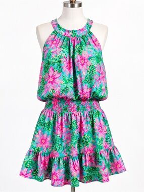 Lilly Pulitzer Cristiana Halter Smocked Dress Pink Green Resort Wedding Guest 8
